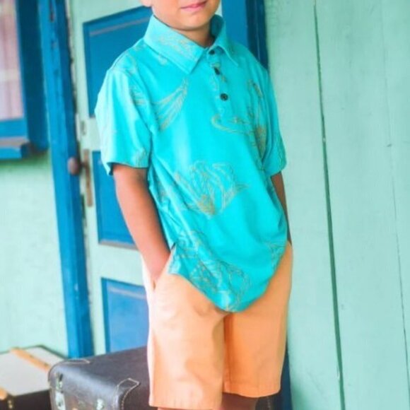 Kauluae Boys Youth Small Miulana Palani Pullover Polo Shirt Seafoam Teal Gold - Picture 3 of 8